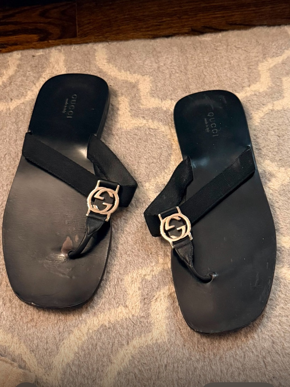 Gucci Black Leather & Fabric Thong Sandals with Gold Double G